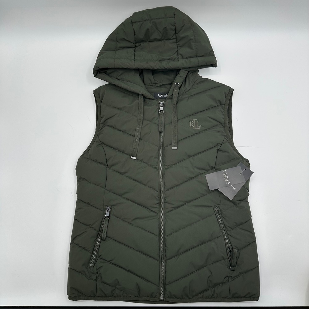 Lauren Ralph Lauren Stretch Puffer Vest Green‎ Hooded Quilted Womens Medium NWT
